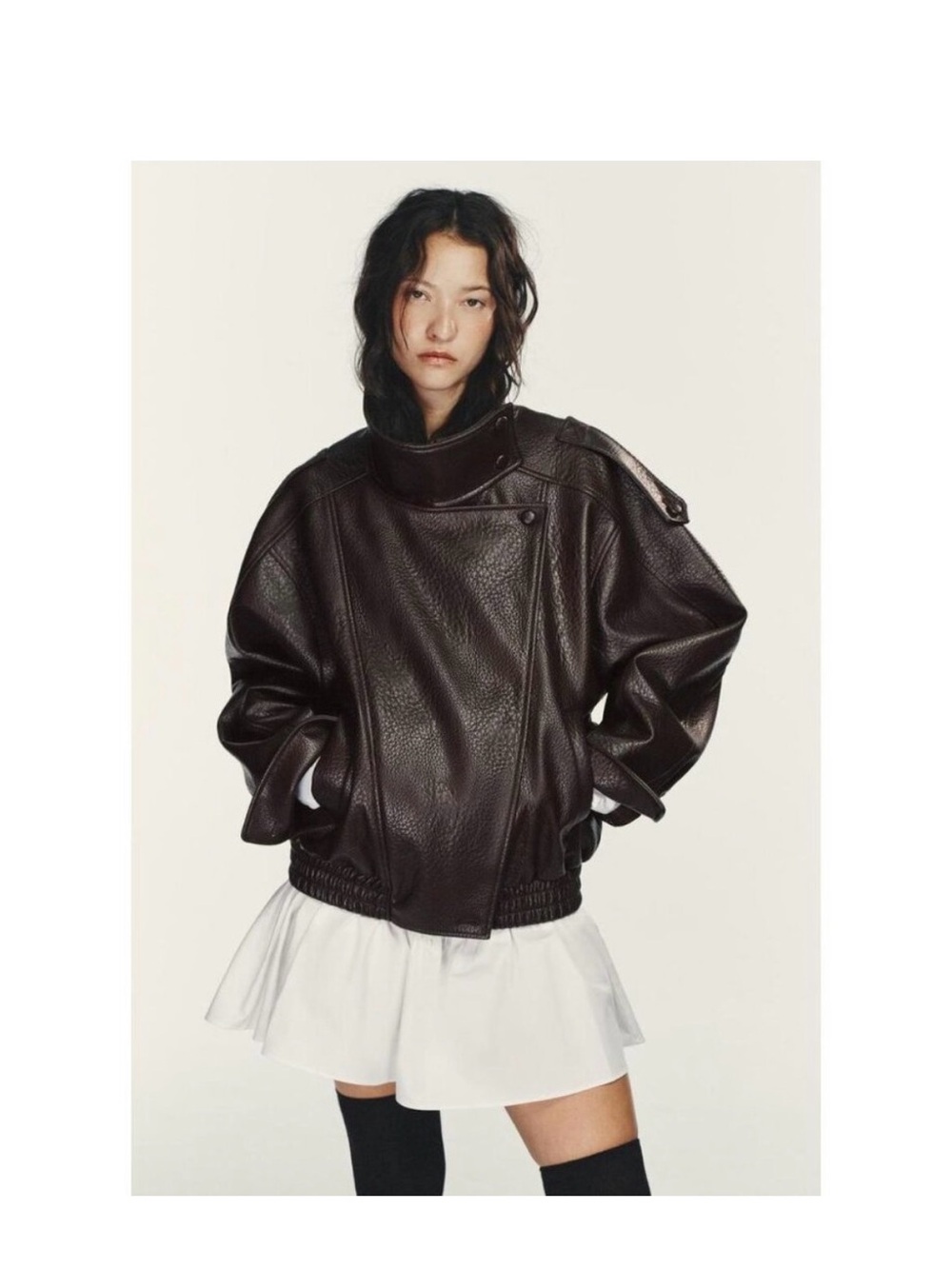 Zara Black Oversized Leather Bomber Jacket
